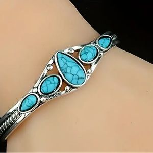 Teardrop Turquoise Bracelet Silver Open Adjustable Western Style Cuff 
C3